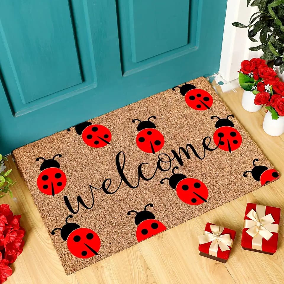 Ceenna Summer Ladybug Welcome Doormat Outdoor Ladybug Coir Rug with Non Slip Backing Summer Doormat Front Porch Rugs for Home Entrance Anniversary, 16 x 28 Inches