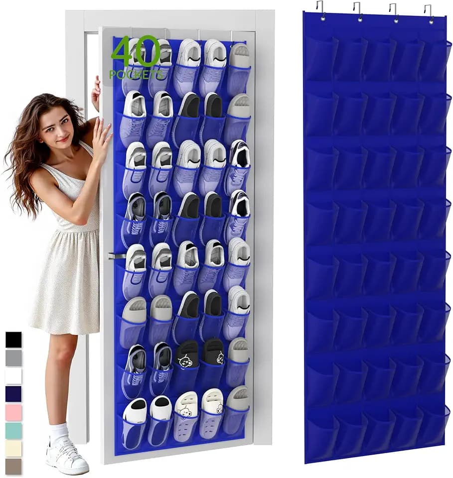 Over the Door Shoe Organizer with 40 Large Breathable Mesh Pockets, Space Saving Shoe Holder, Hanging Shoe Rack for Entryway Bedroom Closet Storage (Navy Blue, 40 Pockets)