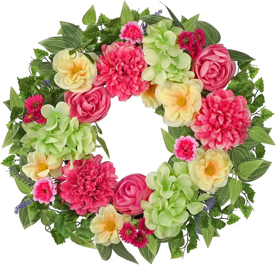 Briful Spring Floral Wreath for Front Door, 16in Artificial Hanging Wreath with Silk Flowers & Greenery Outdoor Flower Wreath for Home Porch Entryway Wall Decor