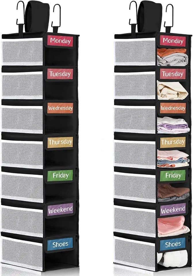 2Pcs Weekly Clothes Organizer 7shelf Hanging Kid Closet, Black