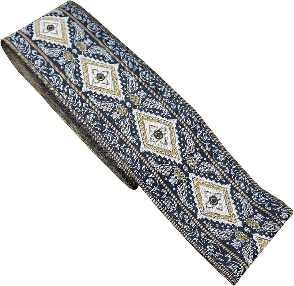 Boho Jacquard Ribbon Black Gold Ethnic Ribbon Geometric Embroidery Trim for Sewing, Clothing Decoration (5 Yards)