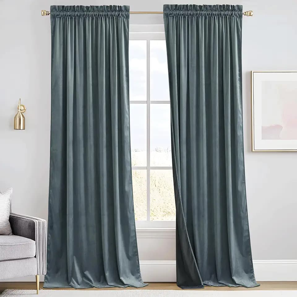 RYB HOME Dusty Blue Velvet Drapes 90 inches for Boy Bedroom