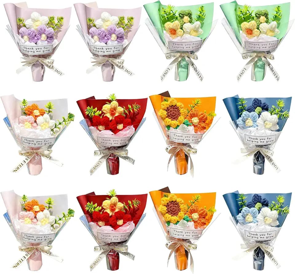 Wavwavw 12 Pcs Crochet Teacher Appreciation Gift Mini Flower Bouquet, Fresh