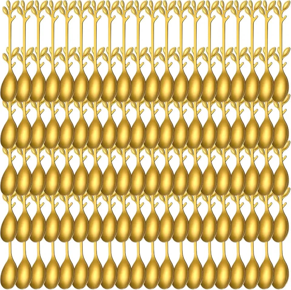 Meanplan 100 Pcs Demitasse Espresso Spoons Tea Spoon Bulk 4.33",Leave,Gold