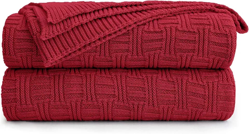 Cotton Red Knit Throw Blanket for Couch Sofa Beach Chair Bed Home Decorative Soft Warm Cozy Cable Lightweight Knitted Blankets, 50 x 60 Inch