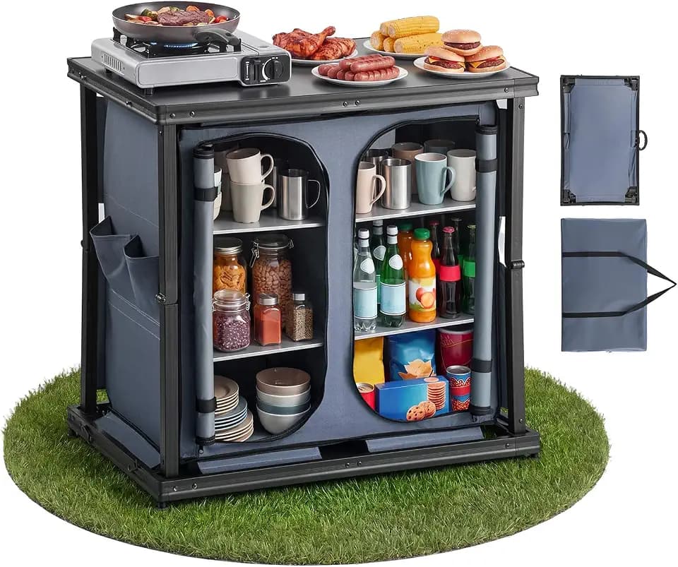 VEVOR Klappbare Campingküche, Tragbarer Campingschrank mit 6 Ablagefächern, Außentasche & MDF-Tischplatte bis 30 kg Tragkraft, Küchenstation für Picknick, Grillen, Partys, Camping & Wohnmobilreisen