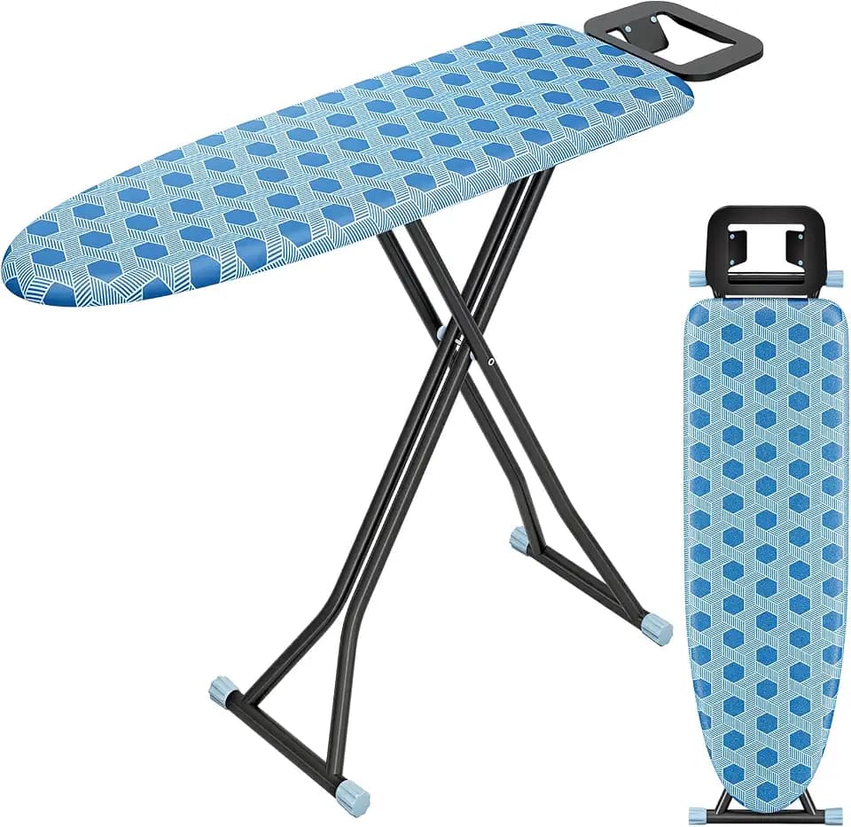 KINGBOARD Metal Foldable Ironing Board with Iron Rest and Hanger, Blue