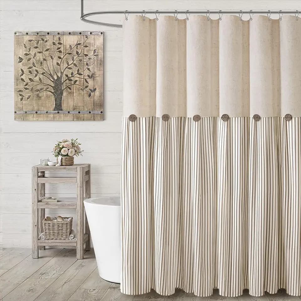 Farmhouse Shower Curtain Linen Button Beige Stripe 72" W x 78" L