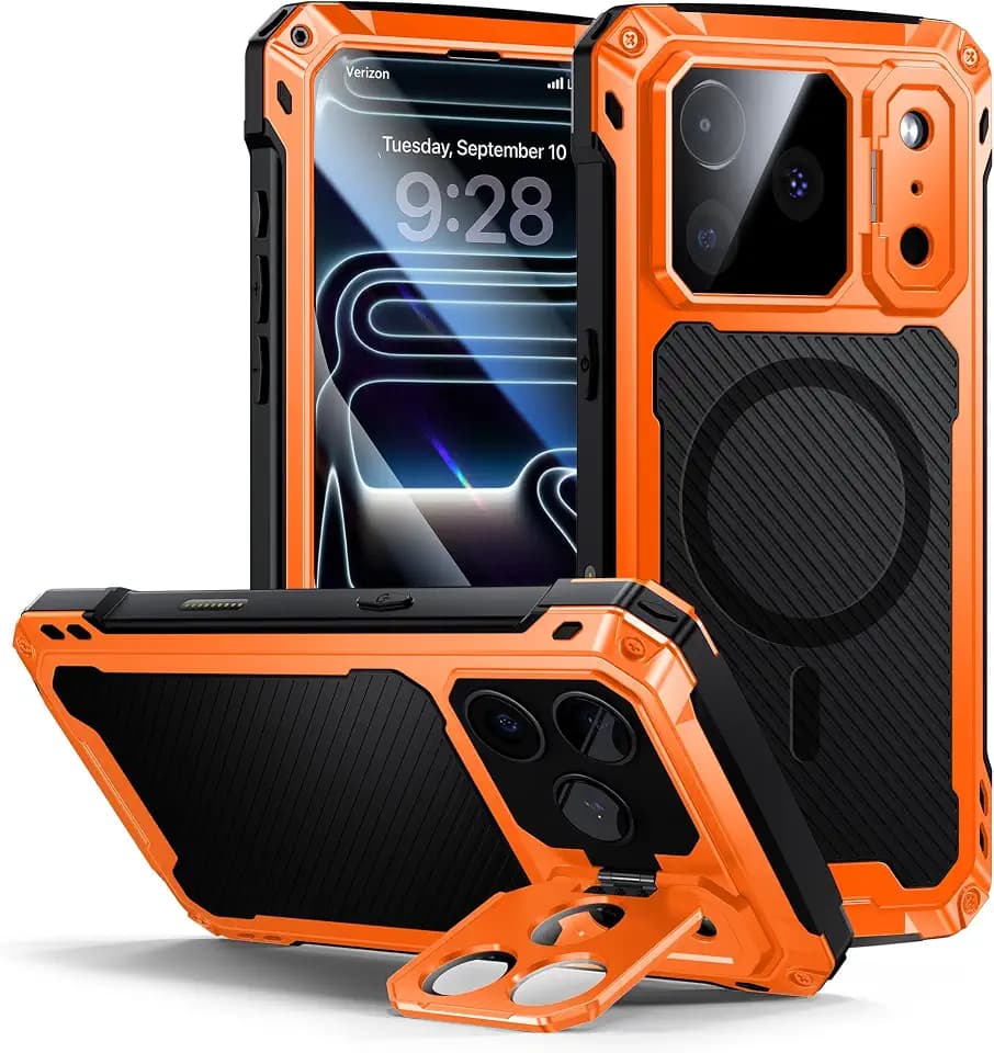 Lanhiem for iPhone 17 Pro Metal Case with Kickstand, Compatible with MagSafe, Built in Tempered Glass Screen Protector, Heavy Duty Shockproof Rugged Phone Cases, Full Body Tough Cover 6.3" (Orange)
