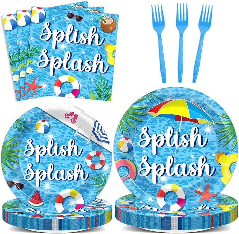 Splish Splash 96Pcs Bash Tableware Set - Pool Party Plates, Napkins, Dessert Plates for 24 Guests - Summer Beach Hawaiian Birthday Party Favors & Decorations