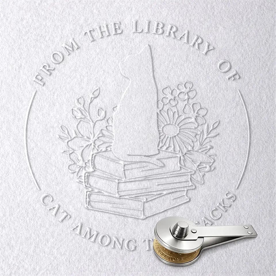 Book Embosser Plate, from the Library of Book Stamp, Wedding Invitation Stamp, Cat Lover Gifts, Silver Embosser Tool for Book Lovers (CAT Among THE Stacks)