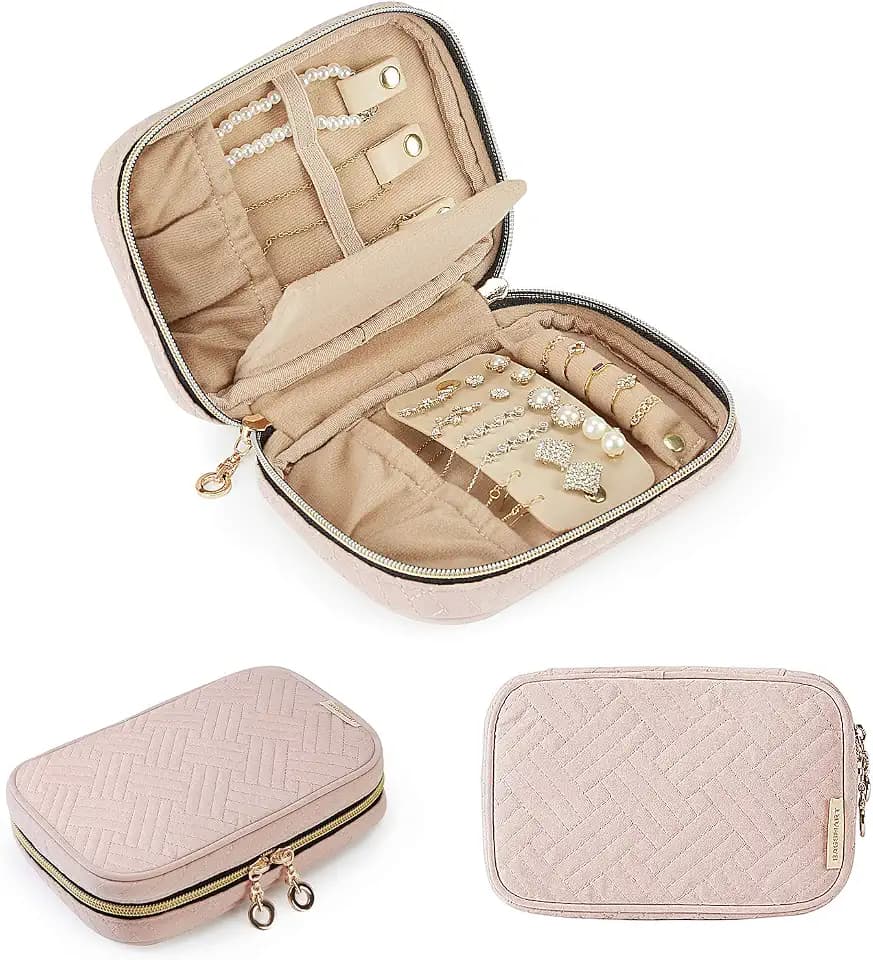 BAGSMART Travel Jewelry Organizer Case Small Jewelry Roll, Soft Pink
