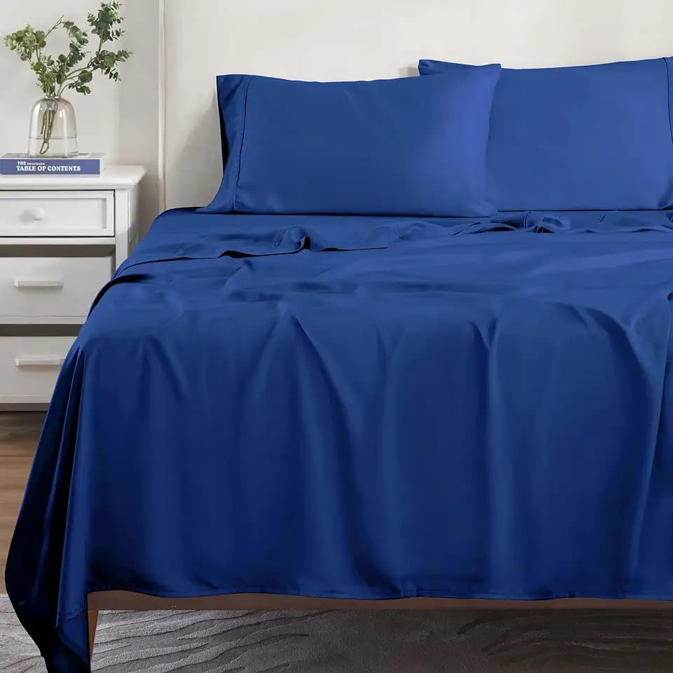 SUPERIOR Modal from Beechwood 300 Thread Bed Sheet Set, 1 Elastic Deep Pocket Fitted Sheet, 1 Flat Sheet, 2 Pillowcases, Soft Cool Sheets, Sateen Weave, Bedding Essentials, Queen, Navy Blue
