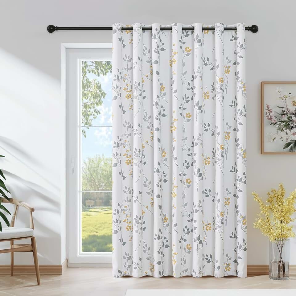 Beauoop Floral 100% Blackout Sliding Door Curtains Yellow Grey 100x84 1 Set