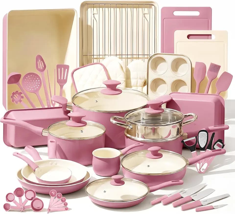 NutriChef 54-Piece Kitchen Cookware Set – Complete Non-Stick Ceramic Pots and Pans Set with Utensils, Bakeware, and Knife Set, Gas, Electric & Induction Compatible, Blush Pink Kitchen Essentials