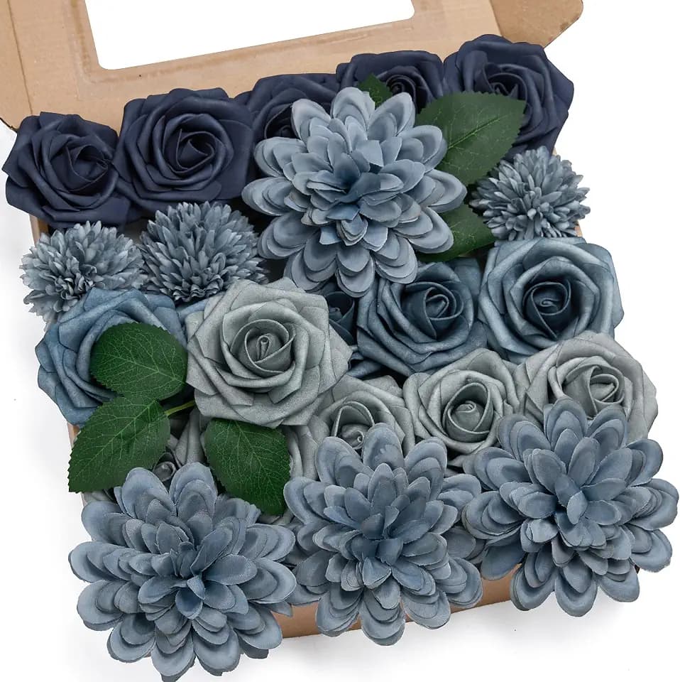 Dusty Blue Artificial Flowers Combo Box Fake Roses for DIY Wedding Bouquets