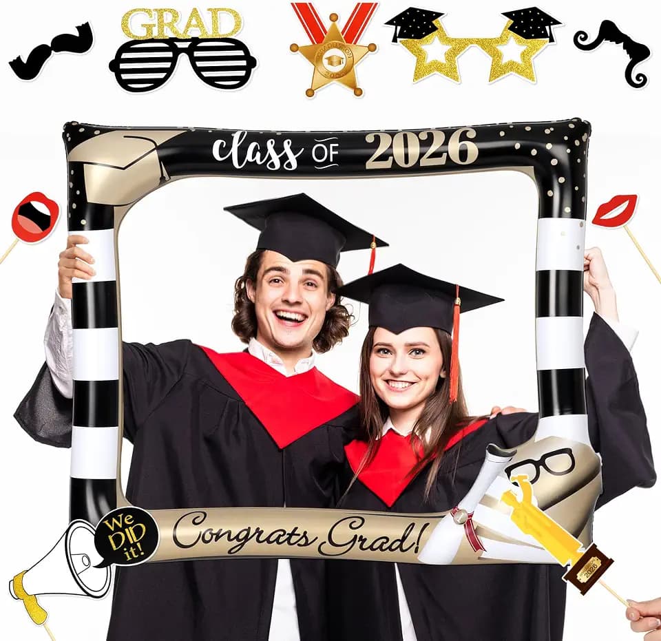 POPGIFTU Class of 2026 Graduation Photo Booth Props Set, Inflatable Photo Booth Frame 30" x 25" with 8 Congrats Grad Selfie Props, Black Gold Graduation Party Decorations