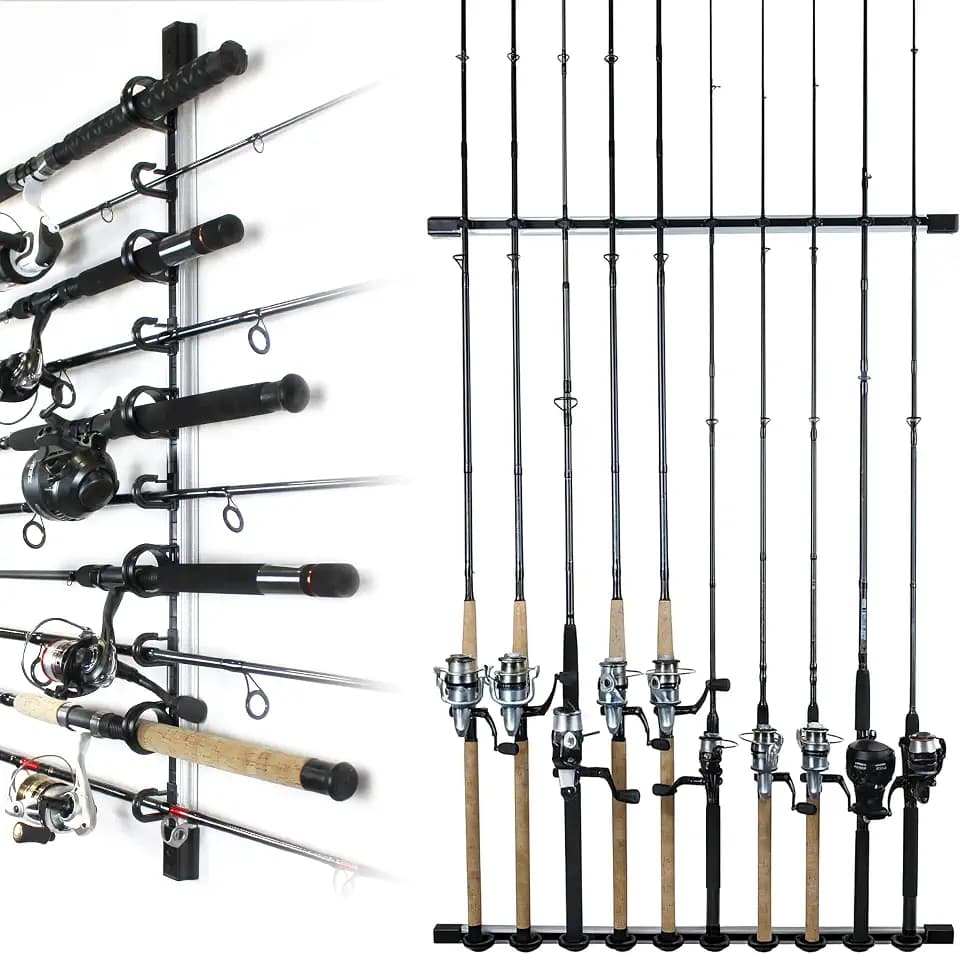 Rush Creek Creations | Fishing Rod Holder, Garage Organization and Wall Storage, for Reels, Gear and Accessories (Vertical/Horizontal Rack), 10 Rod