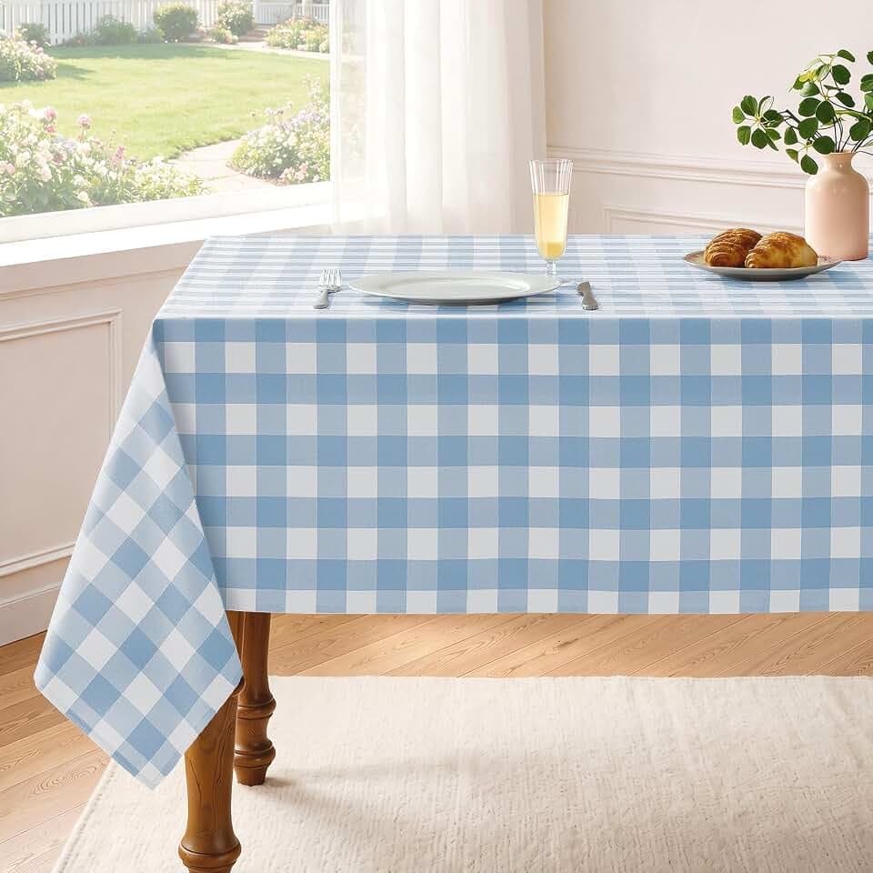 Veblandy Checkered Tablecloth Rectangle Waterproof Gingham Table Cloth Washable Buffalo Plaid Table Cover Wrinkle Free for Kitchen, Dining and Outdoor Picnic, 60 x 84 Inch, Light Blue and White