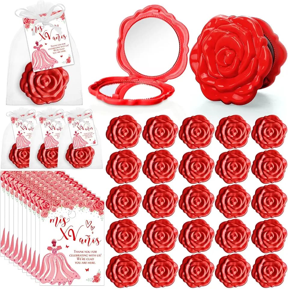 50 Sets Quinceanera Party Favors for Guests Rose Compact Mirrors, Red