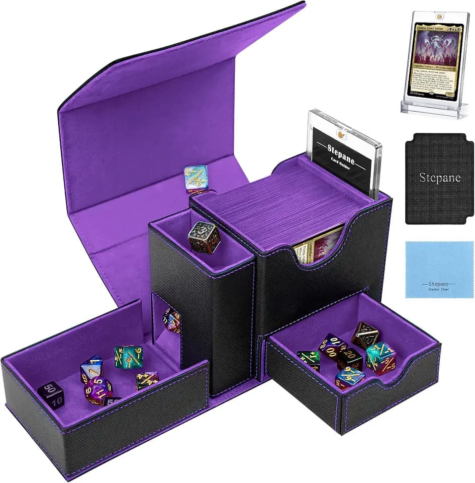 MTG Deck Box for Commander Display with Dice Tower, Fits 100 Double-Sleeved Cards for TCG/PTCG, Multifunctional Card Storage Box, with a 35PT Magnetic Card Holder (Black Violet)