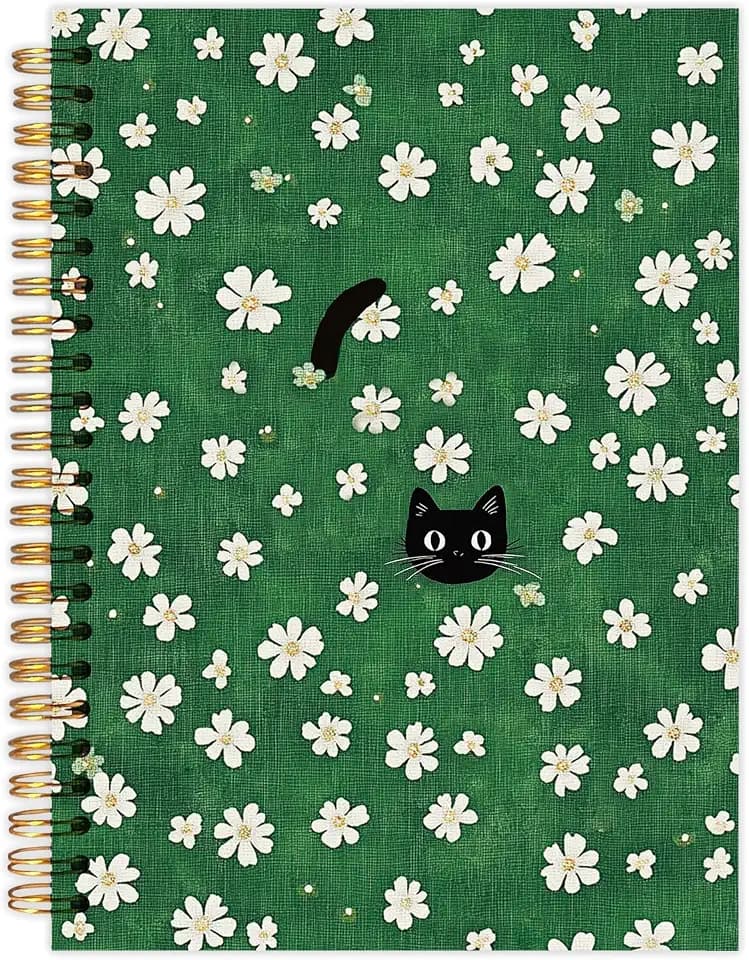 LZYRF Black Cat Spiral Notebook Journal, Black Cat Gifts Notebooks for Note Taking, Green Daisy Flowers Cats Journal for Women, 5.5x8.3 Inch