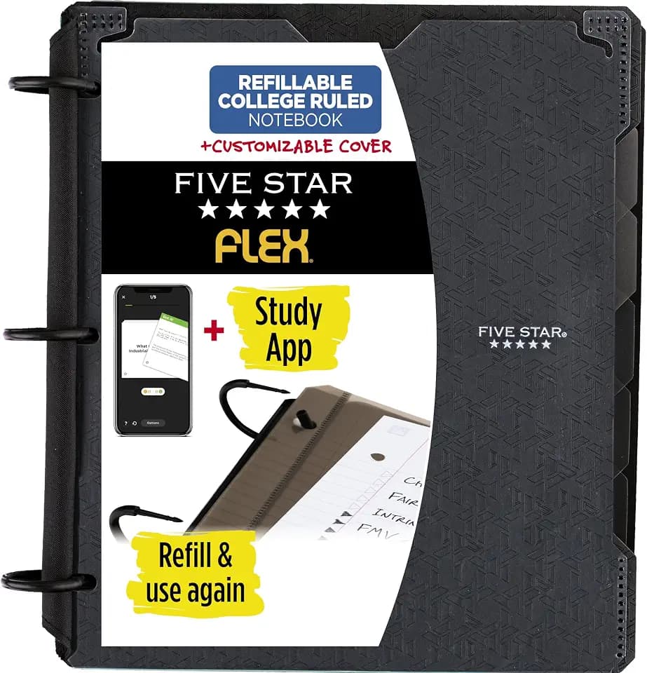 Five Star Flex Refillable Notebook + Study App, College Ruled Paper and 1 Inch TechLock Ring Binder with Customizable Cover, Pockets, Tabs and Dividers, 200 Sheet Capacity, Black (29326AA2)