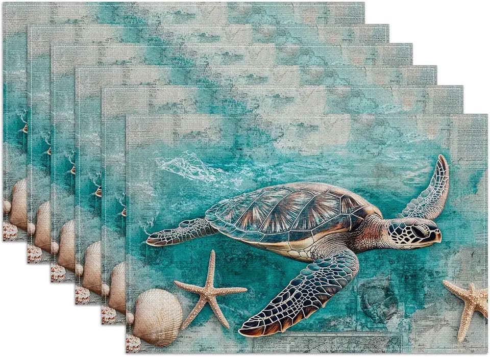 Sea Turtle Starfish Shell Placemats Set of 6, Marine Ocean Washable Linen Place Mat Heat Resistant Non Slip Kitchen Dining Table Mats 12x18 Inch