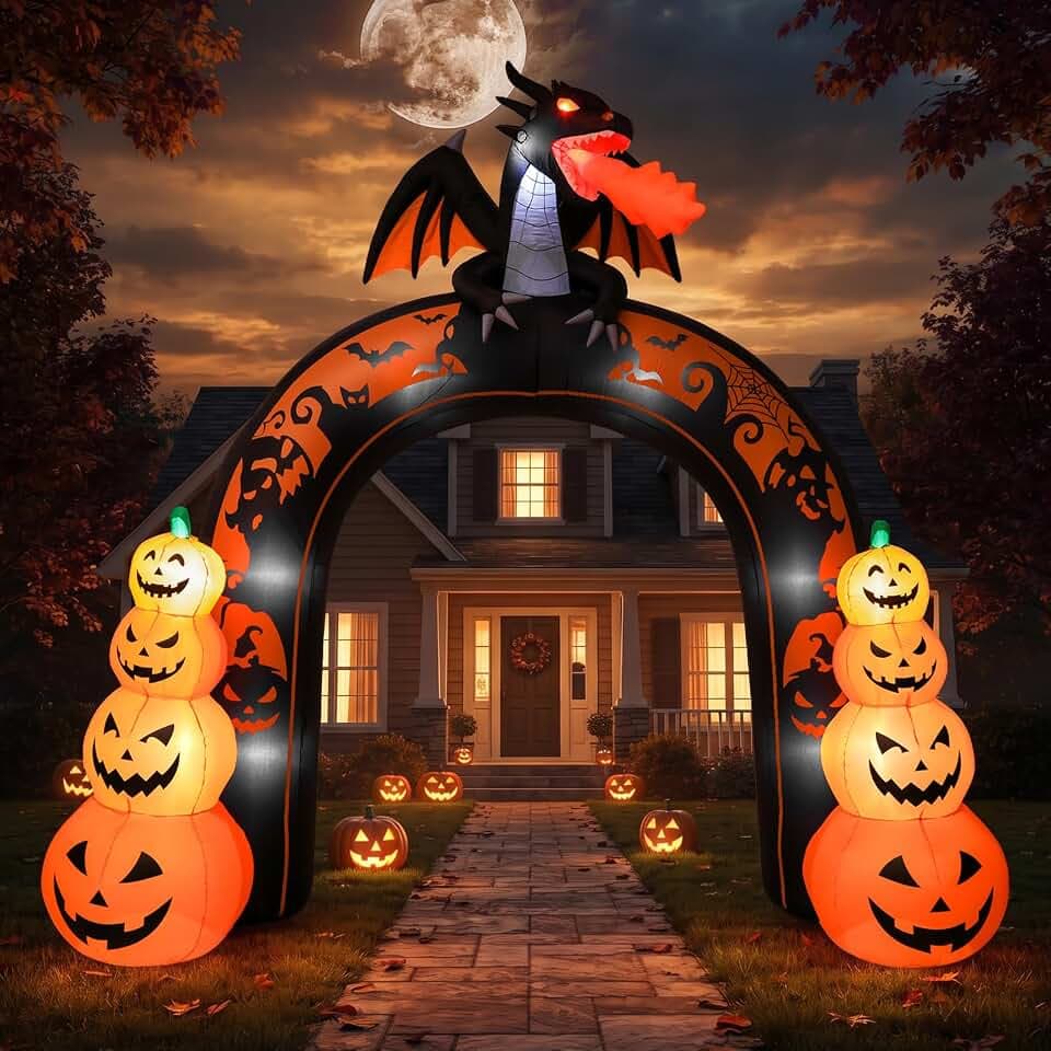 Max Fun 10 FT Tall Halloween Inflatables Dragon Pumpkin Archway Outdoor Decorations Blow Up Decor with Built-in LEDs for Yard Lawn Garden Holiday Party