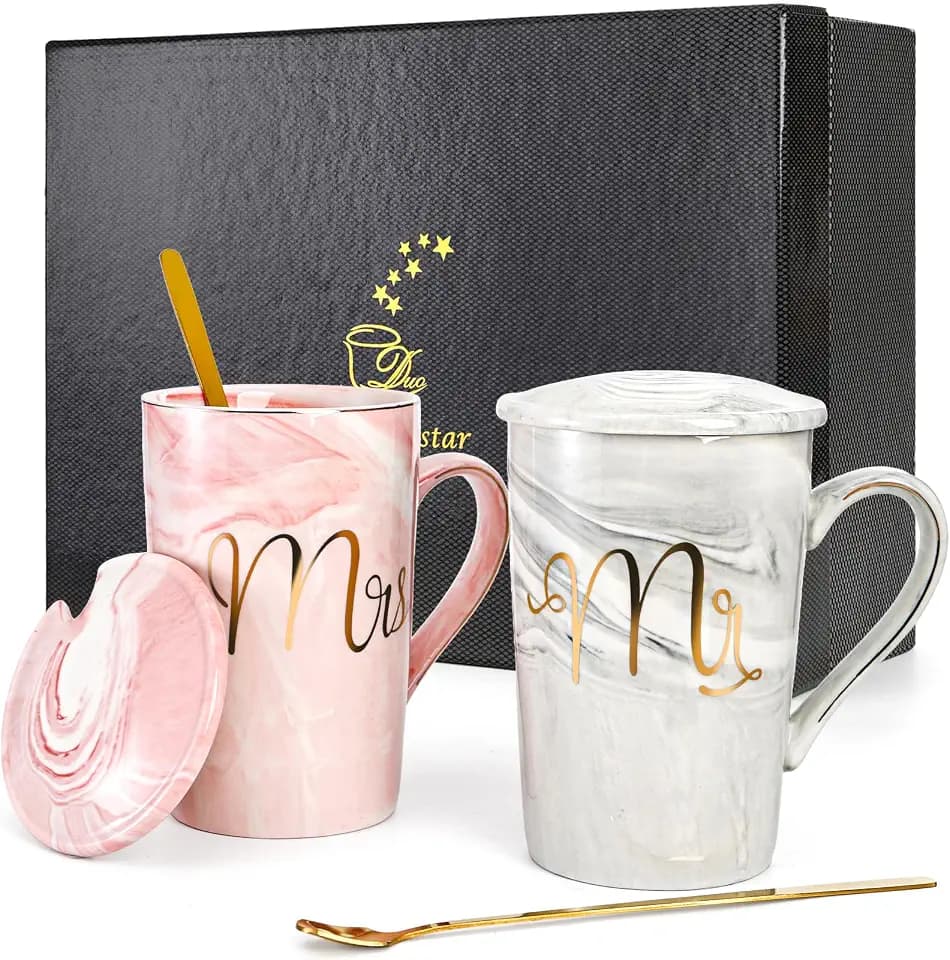 Yesland 13.5 Oz Mr and Mrs Coffee Mugs, Wedding Gifts for Couple/Bride and Groom, Ceramic Marble Cups for Bridal Shower Engagement Wedding, Married Couples Anniversary