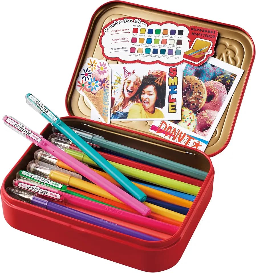 Pentel MATTEHOP Color Gel Pen Set, 1.0 mm, 21 Colors, Metal Box (K110-V21ST)
