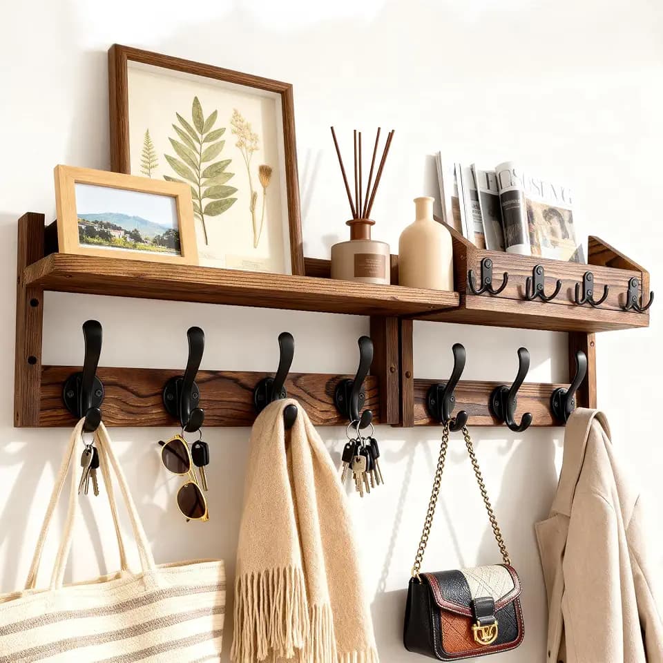27" Wooden Wall Mounted Coat Rack with Shelf- 4-in-1 Entryway Organizer with 11 Hooks (7 Coat Hooks + 4 Key Hooks), Mail Holder & Display Shelf for Living Room, Bedroom (NOT Come Assembled)