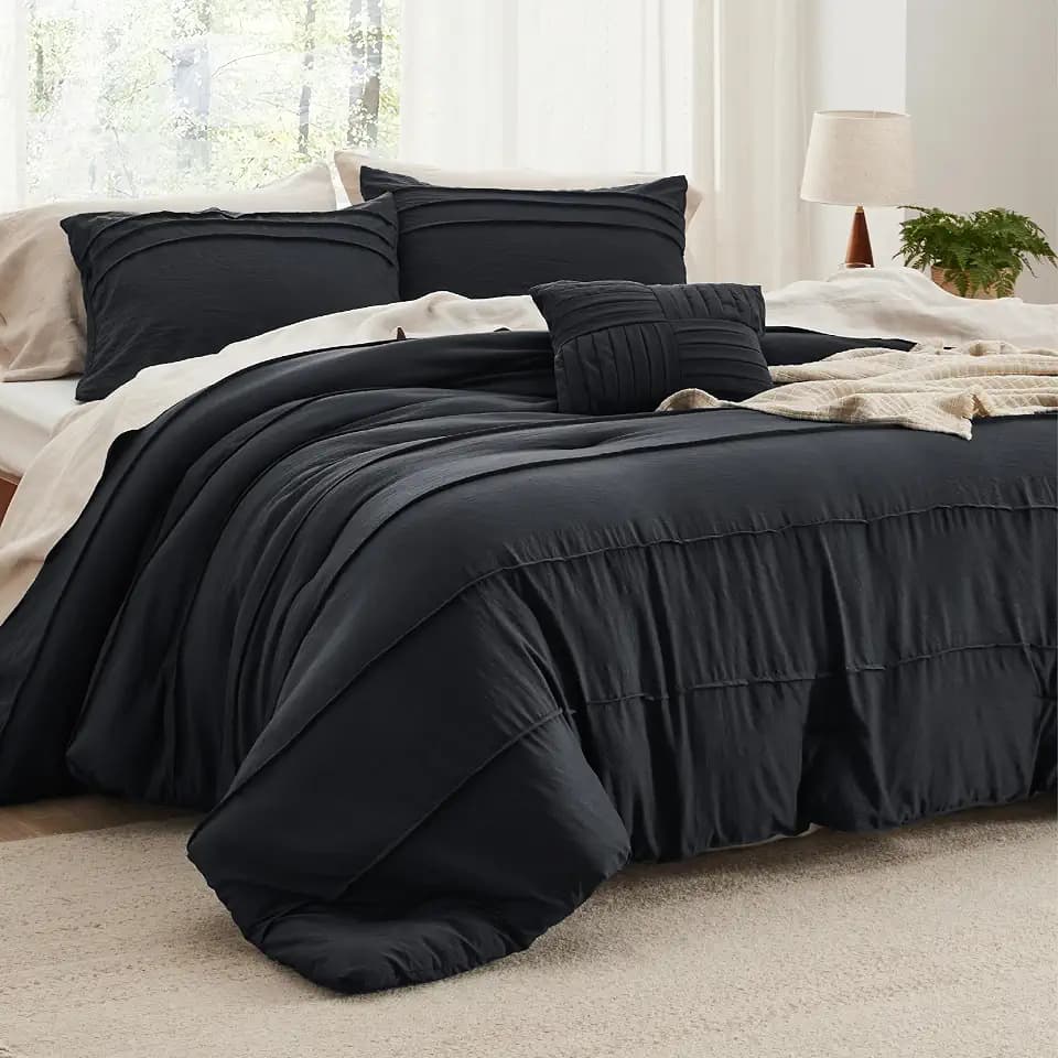 Bedsure Queen Comforter Set 4 Piece, Black Boho, Pinch Pleat, All-Season