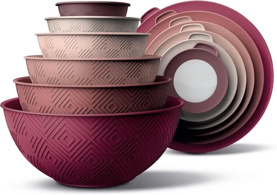 COOK WITH COLOR Mixing Bowls with Lids - 12 Piece Plastic Nesting Bowls Set includes 6 Prep Bowls and 6 Lids, Microwave Safe Mixing Bowl Set, Rose Rhombus