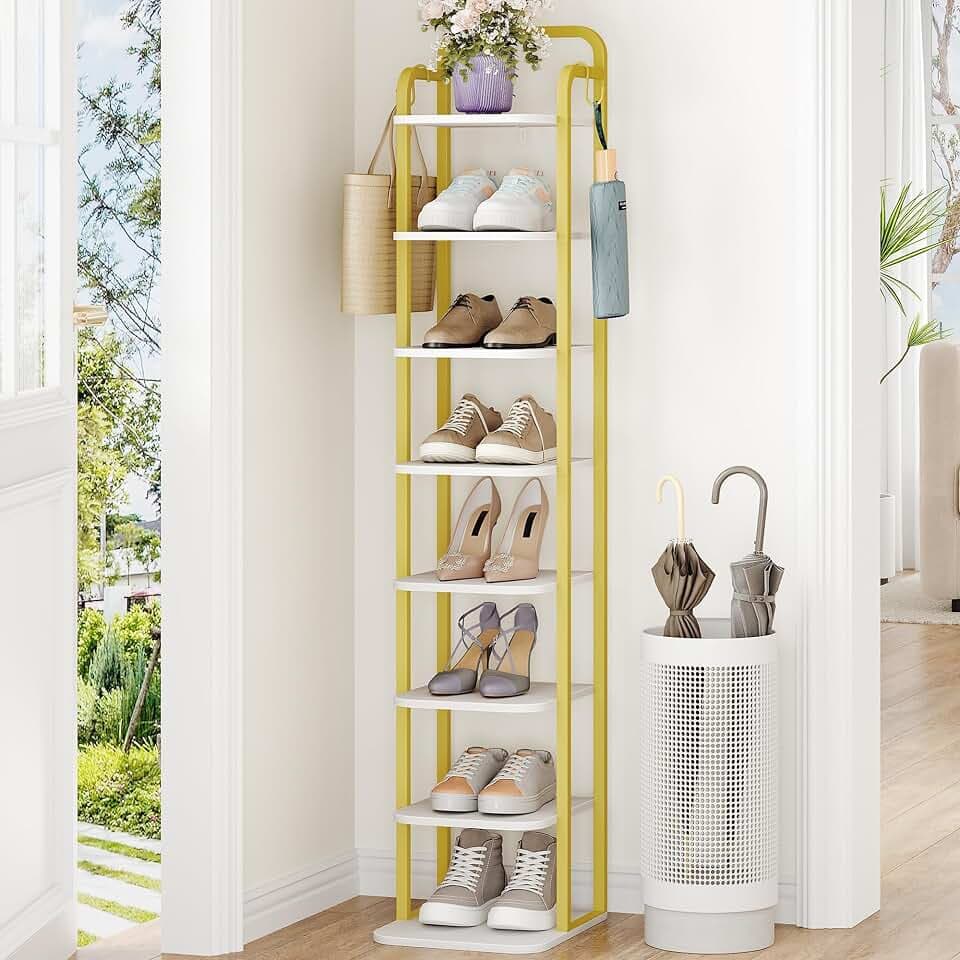 Hzuaneri 8 Tiers Vertical Shoe Rack, Tall Shoe Shelf with 2 Hooks