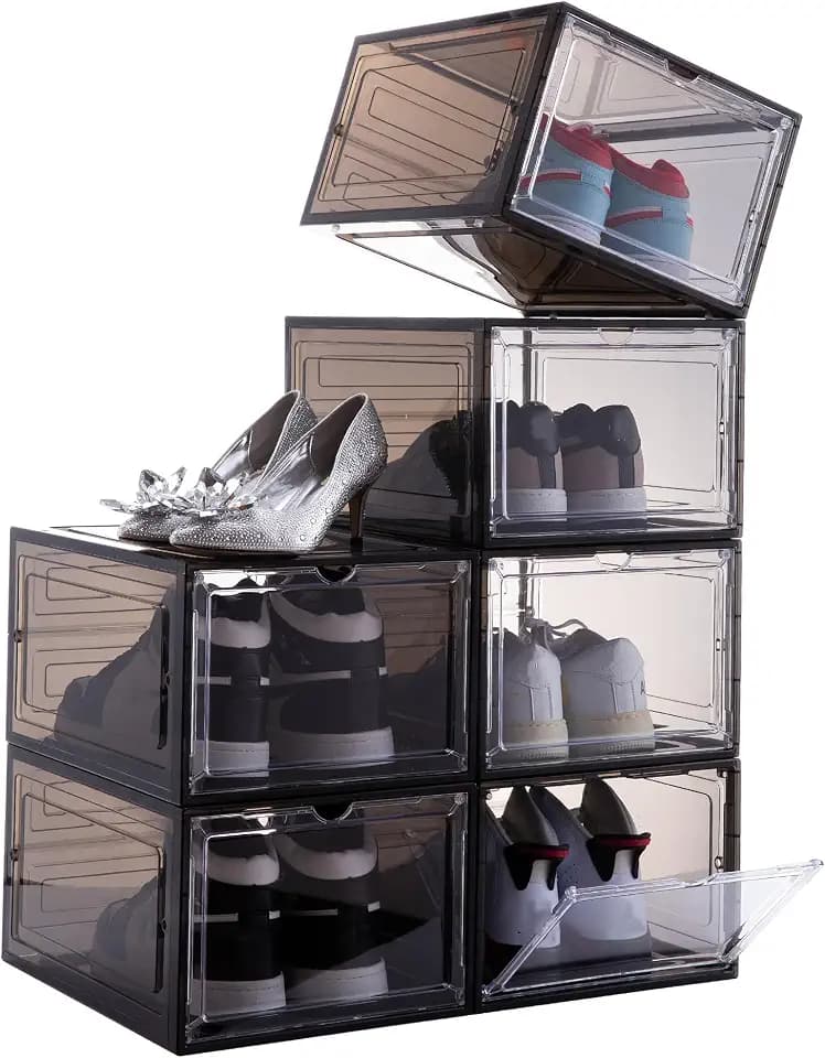 Attelite Shoe Storage Boxes Stackable Clear Shoe Organizer,6 Pack Black