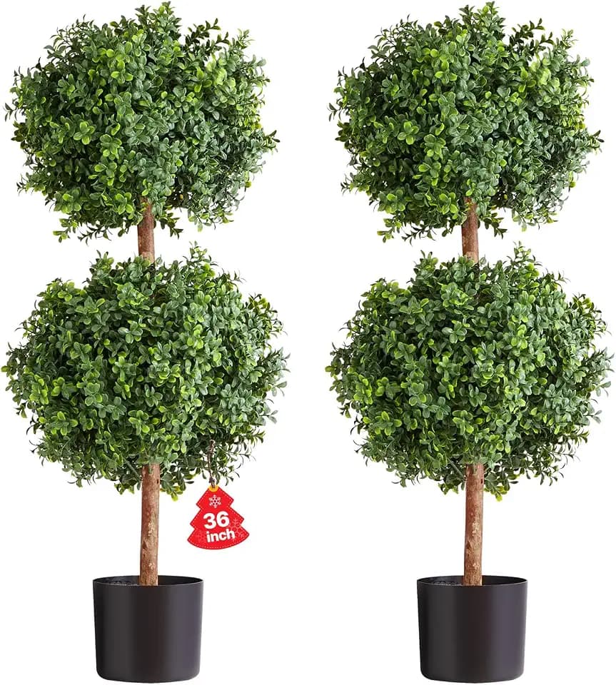 VEVOR Artificial Topiary Boxwood Double Ball, 2 Set 36 inch Faux Boxwood Plant Balls, Fake Silk Tree Look Real, Easy Assembly for Decor Front Porch Outdoor Patio Garden Balcony Backyard Indoor