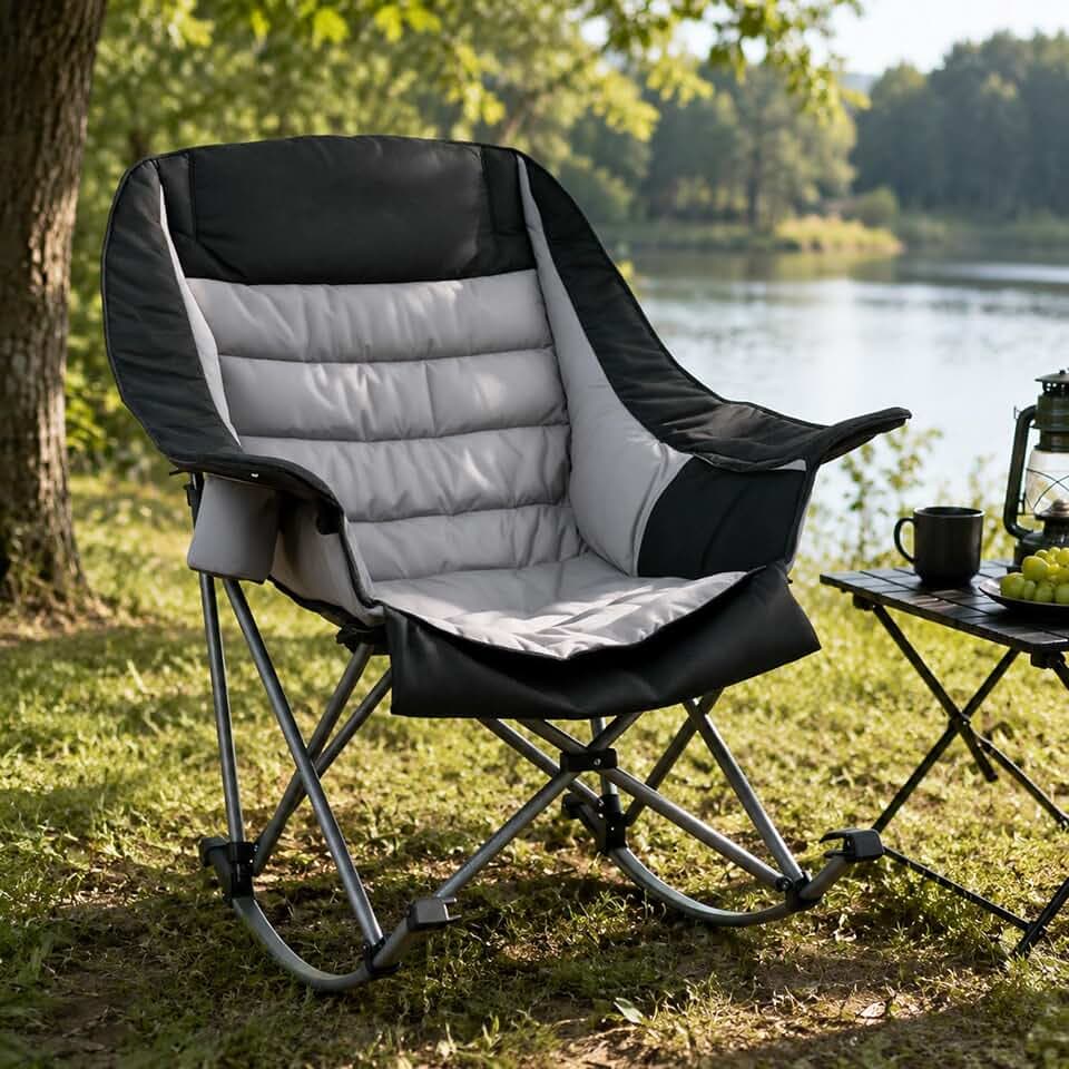 SUNW Oversized 400lbs Foldable Rocking Camping Chair with Cup Holder Side Pocket, Black & Gray