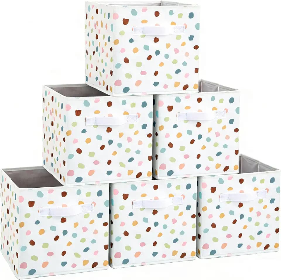 FYSUIMU 6 Pcs Boho Polka Dots Fabric Storage Bins 11 Inch Foldable Storage Cube Colorful Dot Classroom Organizer Basket with Handles for Back to School Home Room Clothes Toy Book Organization