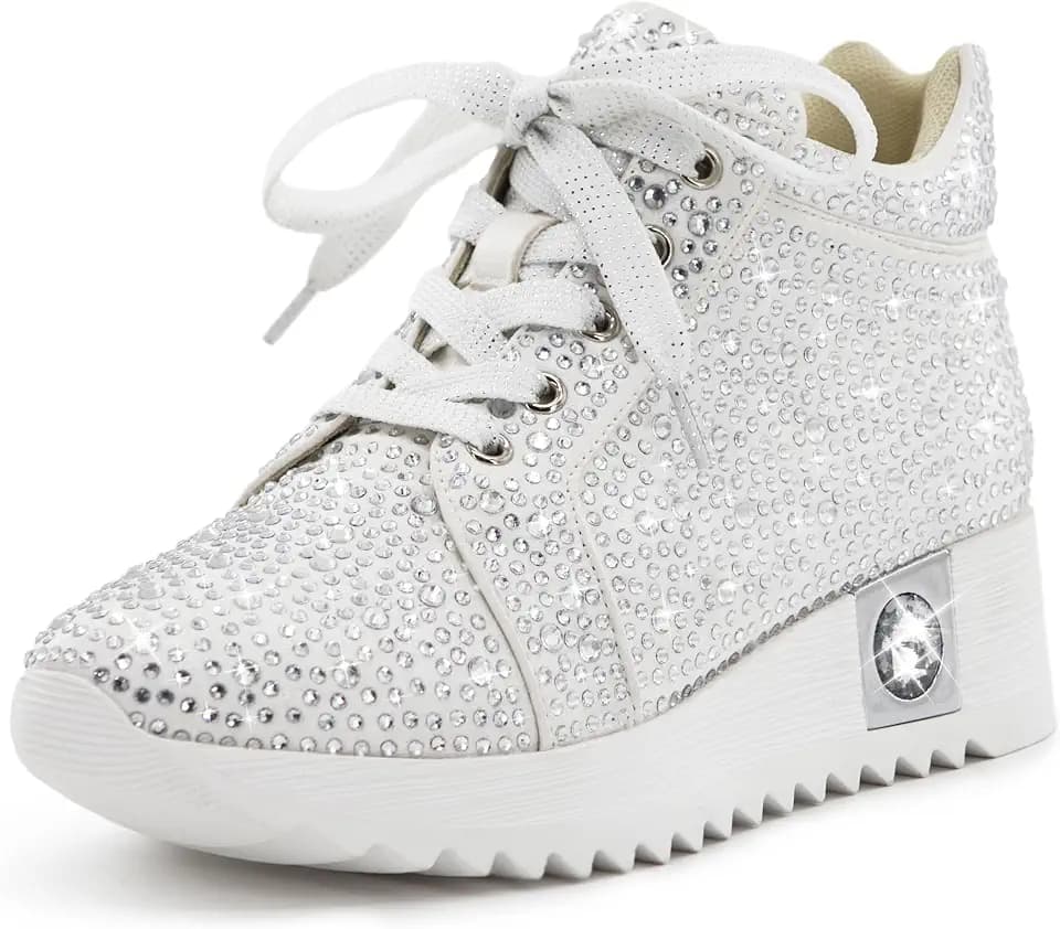 FINDVELL Women's Fashion Glitter Sneakers Platform Wedge Shoes Sparkly Rhinestone High Top Sneakers Trendy Sequin Shoes Wedding Bride Dress