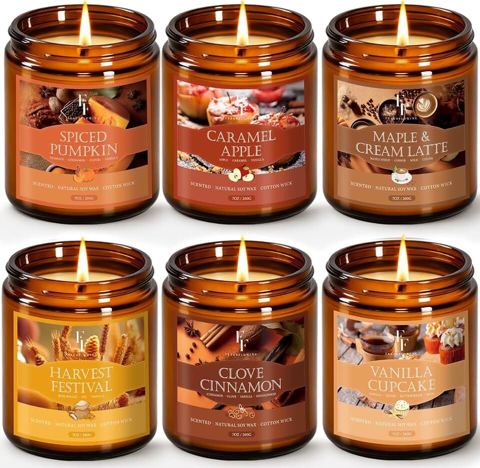Fall Candles Set, 6 Pack Candles for Home Scented Natural Soy Wax, Autumn Gifts Set for Women Men, Fall Fragrance of Pumpkin/Cinnamon/Vanilla Cupcake/Apple/Harvest/Latte
