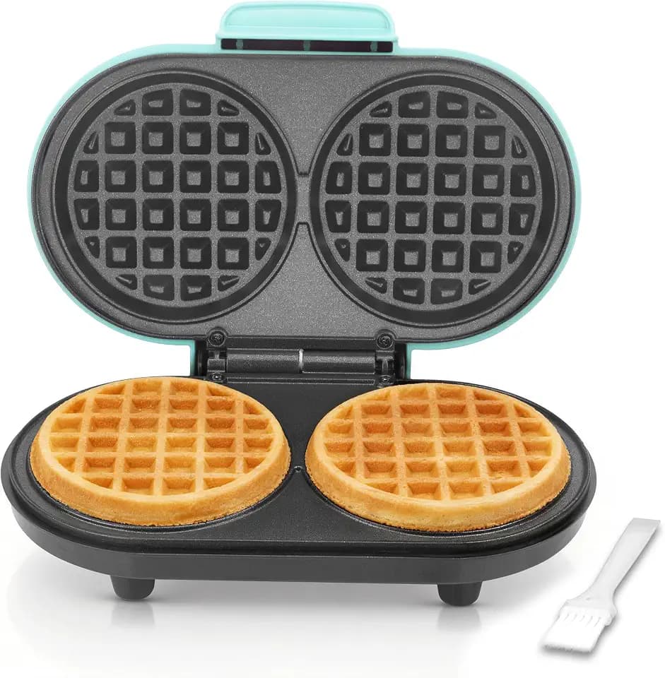 AshGlen Double Mini Waffle Maker for kids, Waflera Electrica with 2 X 4” Round Non-stick Grids, Small Waffle Maker Mini, Makes 2 Personalized Keto Chaffle Waffles, Mini Waffle Iron, Aqua