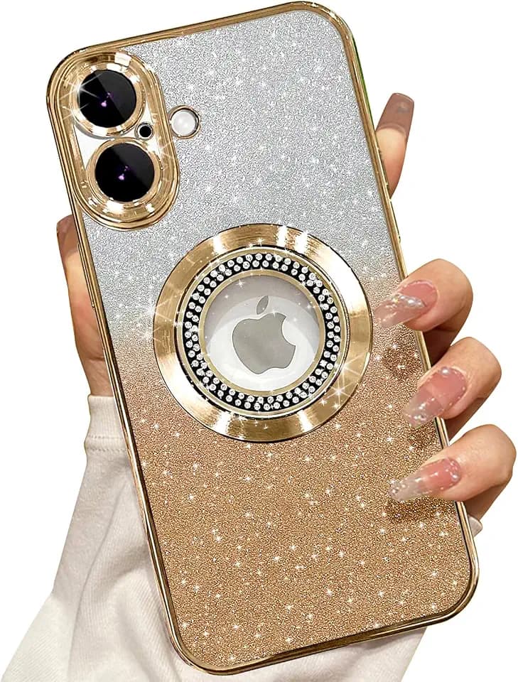 Misscase for iPhone 16 Plus Magnetic Glitter Case Compatible with MagSafe,Full Protection Slim Shockproof Anti-Scratch Case with Camera Lens Protector Logo View Dust-Proof Net for Women Gold