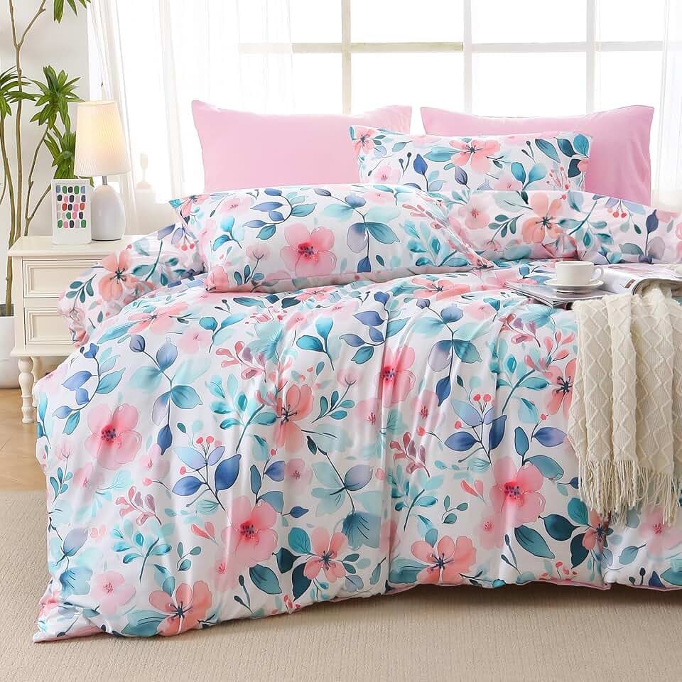 MUXHOMO Pink Blue Branch Bed in a Bag King 7 Pieces, King Comforter Set Reversible Botanical Flowers Design, Ultra Soft & Breathable Bedding Sets with Comforter, Sheets, Pillowcases & Shams