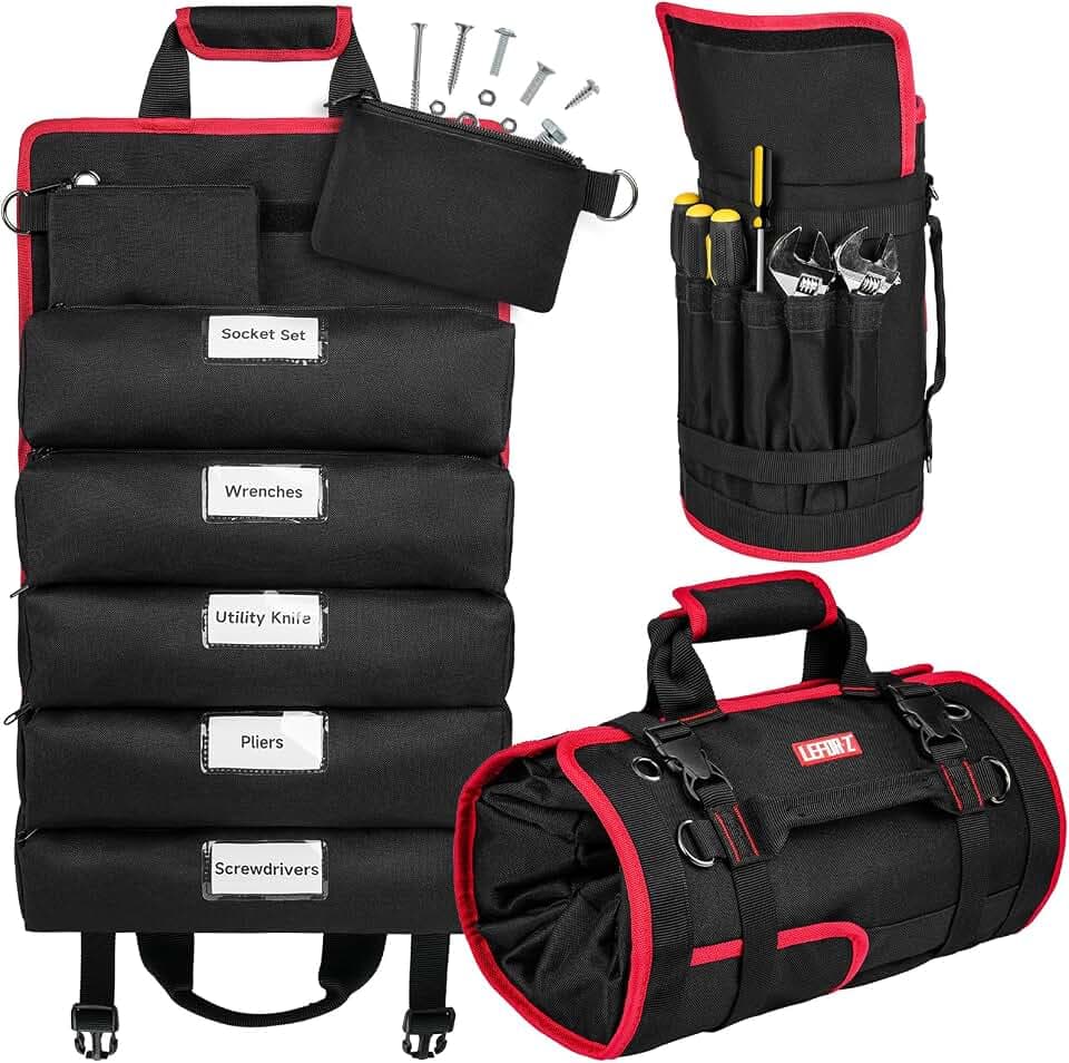 Tool Bag,Large Roll Up Tool Bag Organizer,13 Pockets Tool Roll Storage Pouch,Heavy Duty Portable Tool Storage Carrier Bag for Men,Mechanic,Electrician,Valentines Day Gifts for Men,Black/Red