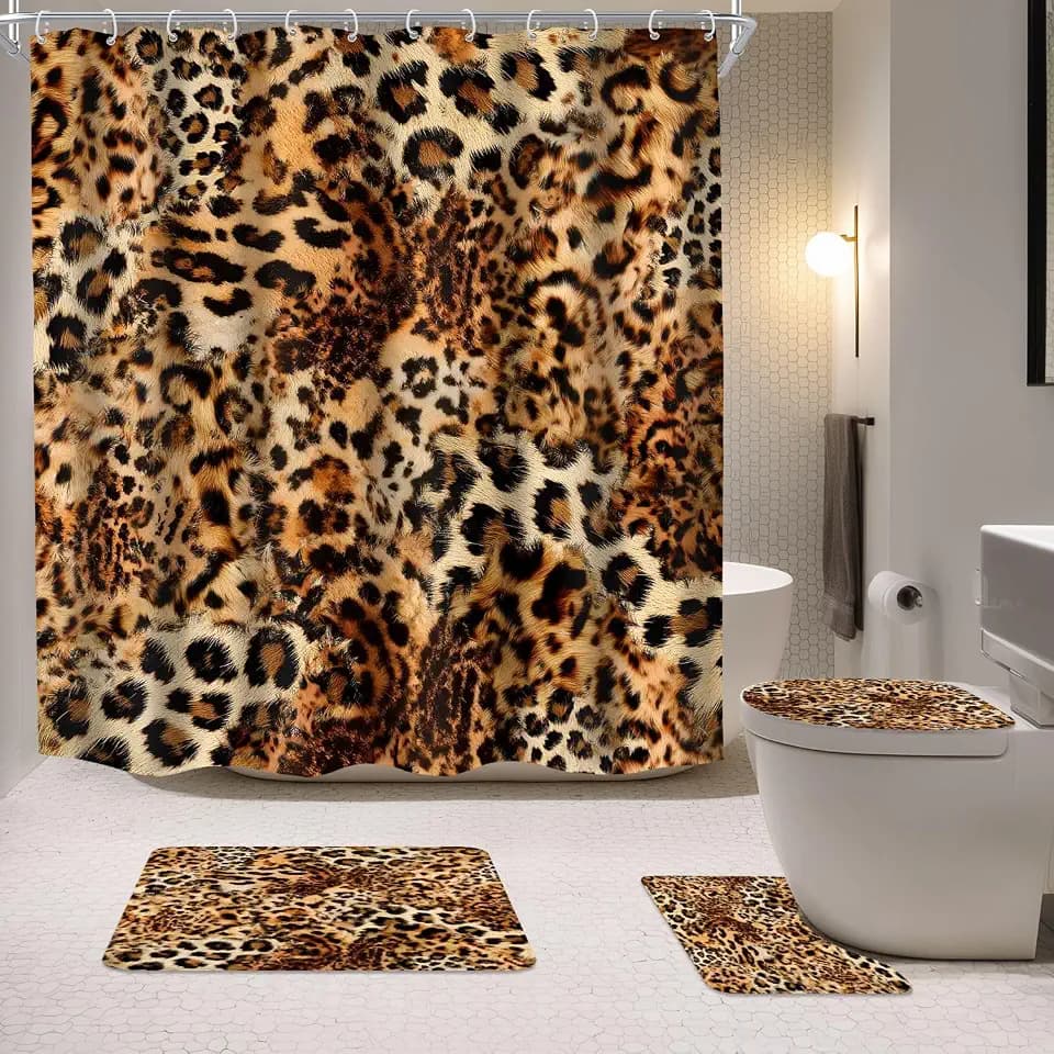 4PCS Leopard Print Shower Curtain Set Bath Wild Bathroom Set with Rugs