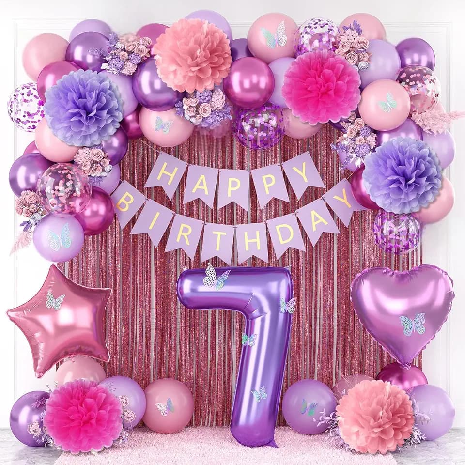 Pink Purple 7th Birthday Party Decoration for Girls Number 7 Princess Decor