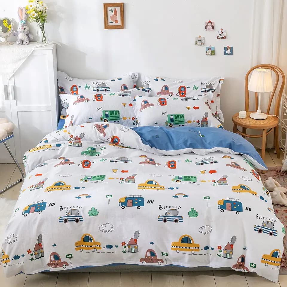DJY Full Cartoon Duvet Cover Set, Cotton Toddler Kids Bedding, No Comforter