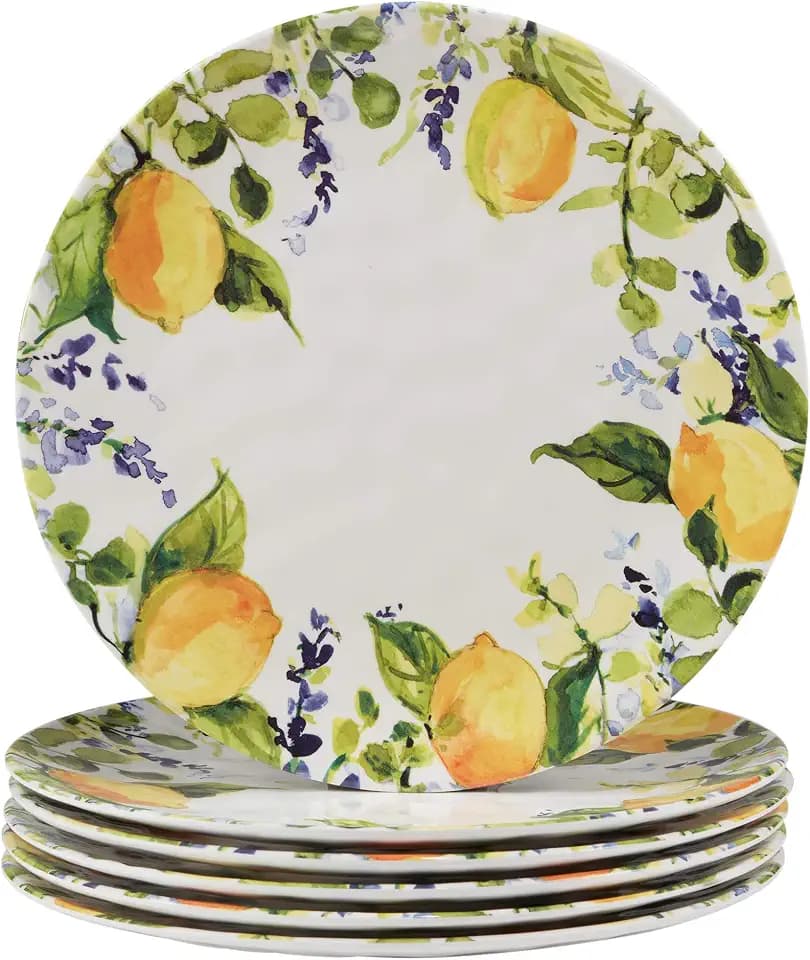 Lemon Zest Melamine Dinner Plates Set of 6 – Unbreakable Outdoor Plates for Patio Dining, Garden Parties, BBQs, RV Camping, Farmhouse Kitchen, and Everyday Family Meals
