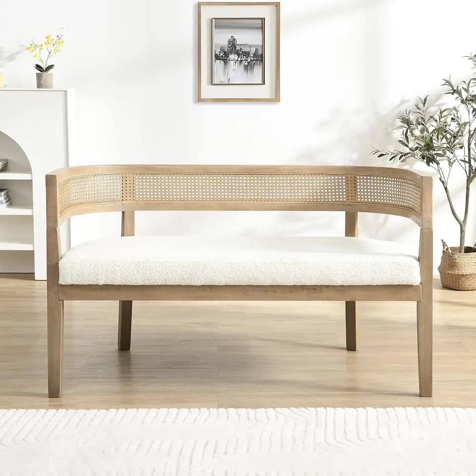 Christopher Knight Home Xiza Modern Boucle Upholstered Loveseat Sofa with Rubberwood Frame, Comfy 2-Seater Sofa Couch and Rattan Backrest, Love Seat Couches for Living Room, Beige + Natural Ash
